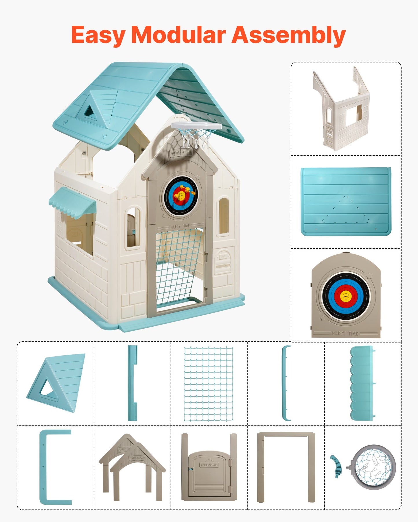 Outdoor Playhouse, 5-In-1 Cottage Play House with Pretend Play, Basketball, Darts, Soccer, Ring Toss, Window & Convenient Door, Toddler Slide Set for Aged 2+, Smooth Edges, Polypropylene Plastic