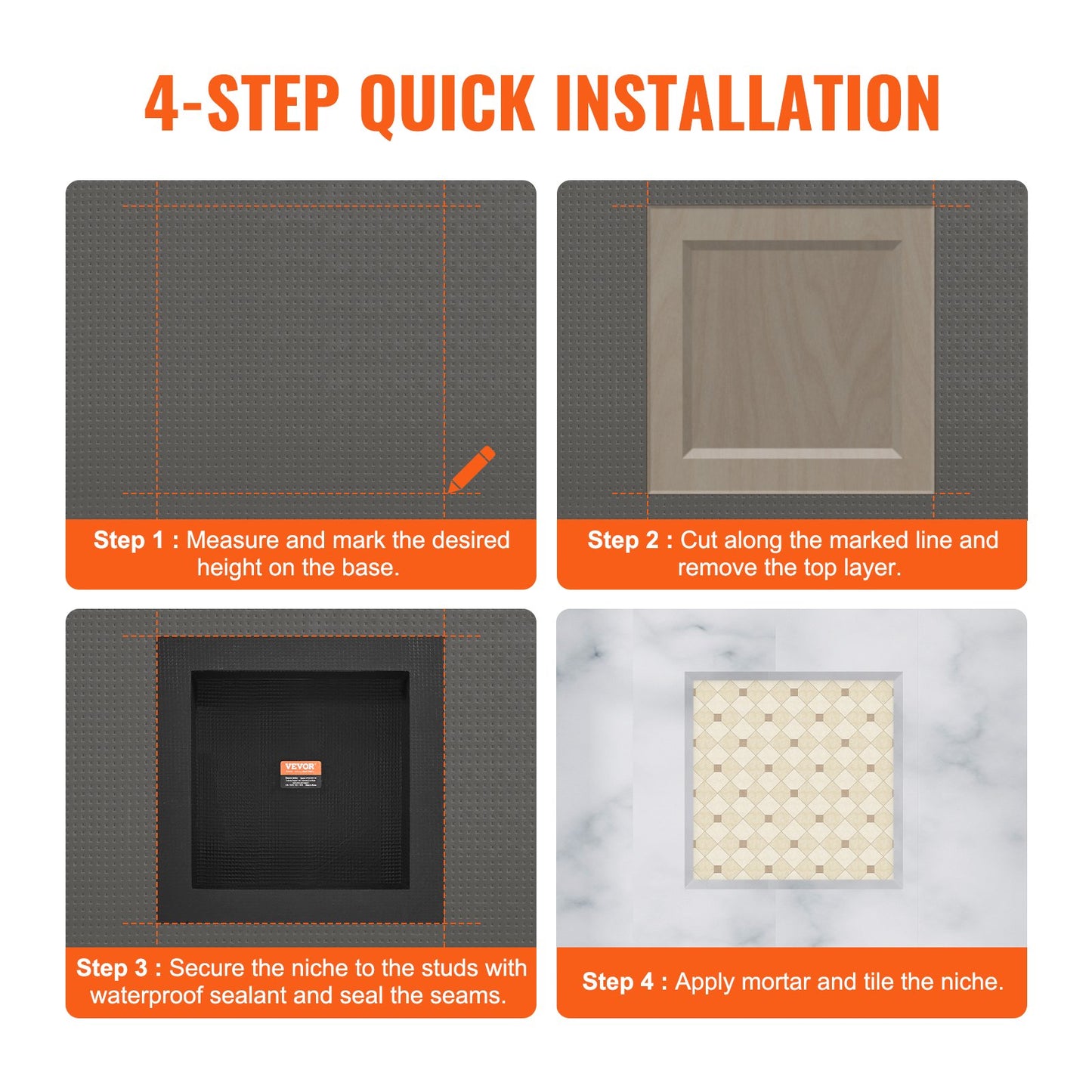 Shower Niche Ready for Tile 40.64 x 40.64 cm, Single Shelf Organizer, Square Corners Wall-inserted Niche Recessed, Sealed Protection Modern Soap Storage Niche for Shower Bathroom, Black