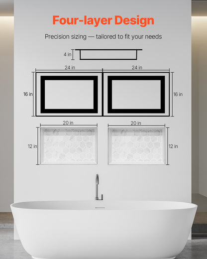 Shower Niche, 40.6 x 61.0 cm + 40.6 x 61.0 cm Recessed Wall Niche with Movable Shelf, 10.2 cm Thick Modern Soap & Shampoo Storage Organizer,Square Corners,Sealed Waterproof, Black for Bathroom