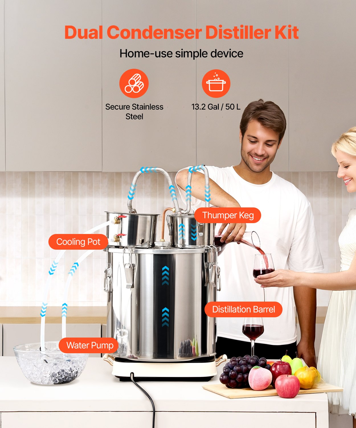 Alkoholdestillator, 13,2 gal / 50 l vattenalkoholdestilleri i rostfritt stål med kopparspiral för snabb kylning, dubbelkondensordestillerisats med sekundär destillation, för vin, whisky, brandy, silver