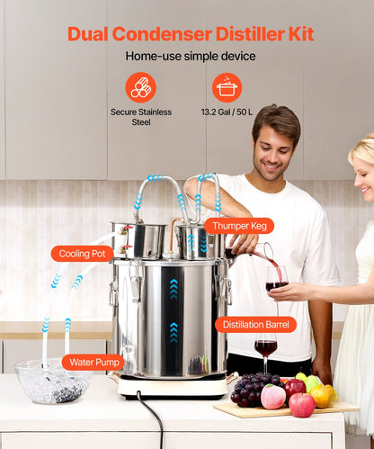 Alkoholdestillator, 13,2 gal / 50 l vattenalkoholdestilleri i rostfritt stål med kopparspiral för snabb kylning, dubbelkondensordestillerisats med sekundär destillation, för vin, whisky, brandy, silver