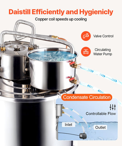 Alkoholdestillator, 13,2 gal / 50 l vattenalkoholdestilleri i rostfritt stål med kopparspiral för snabb kylning, dubbelkondensordestillerisats med sekundär destillation, för vin, whisky, brandy, silver