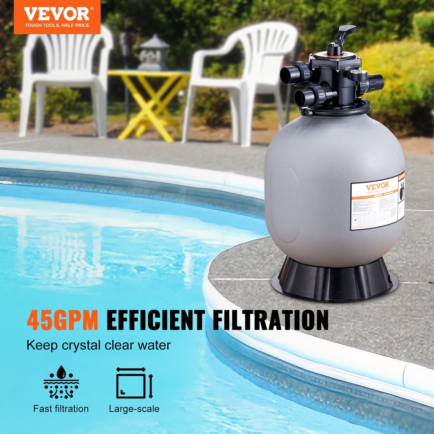 Sand Filter, 19-inch, Up to 45 GPM Flow Rate, Above Inground Swimming Pool Sand Filter System with 7-Way Multi-Port Valve, Filter, Backwash, Rinse, Recirculate, Waste, Winter, Closed Functions