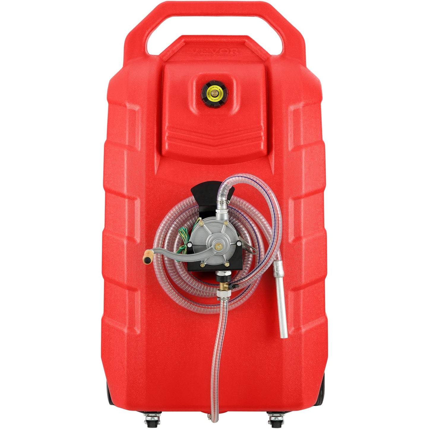 Fuel Caddy, 32 Gallon, Portable Fuel Storage Tank On-Wheels, with Manual Transfer Pump, Gasoline Diesel Fuel Container for Cars, Lawn Mowers, ATVs, Boats, More, Red