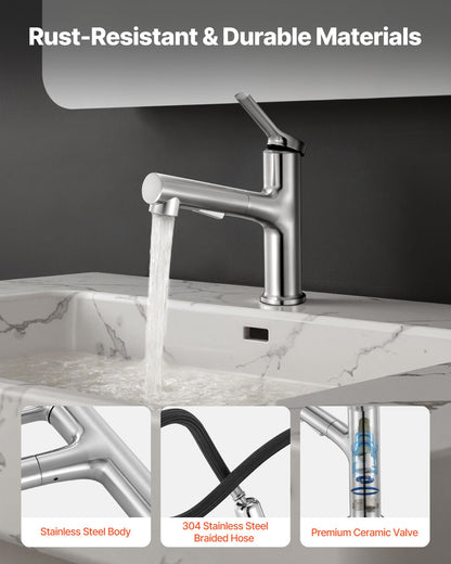 Single Handle Sink Faucet, Single Handle Pull Out Faucet 1 or 3 Hole, Brushed Nickel Stainless Steel Sink Faucets with Push-Button Switch, Suitable for Bathroom, RV, Public Restroom, Lead-free