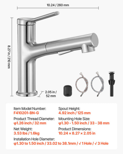 Single Handle Sink Faucet, Single Handle Pull Out Faucet 1 or 3 Hole, Brushed Nickel Stainless Steel Sink Faucets with Push-Button Switch, Suitable for Bathroom, RV, Public Restroom, Lead-free