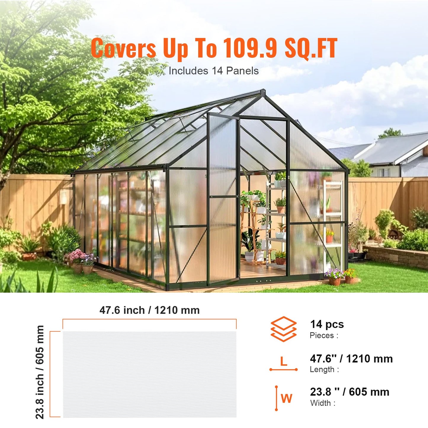 14 Pack Polycarbonate Greenhouse Panels, 2' X 4' X 0.32'' Roof Panels Sheets, Waterproof UV Protected Corrugated Plastic Roofing, Impact Resistance Clear Roofing Sheets for Greenhouse/Garden