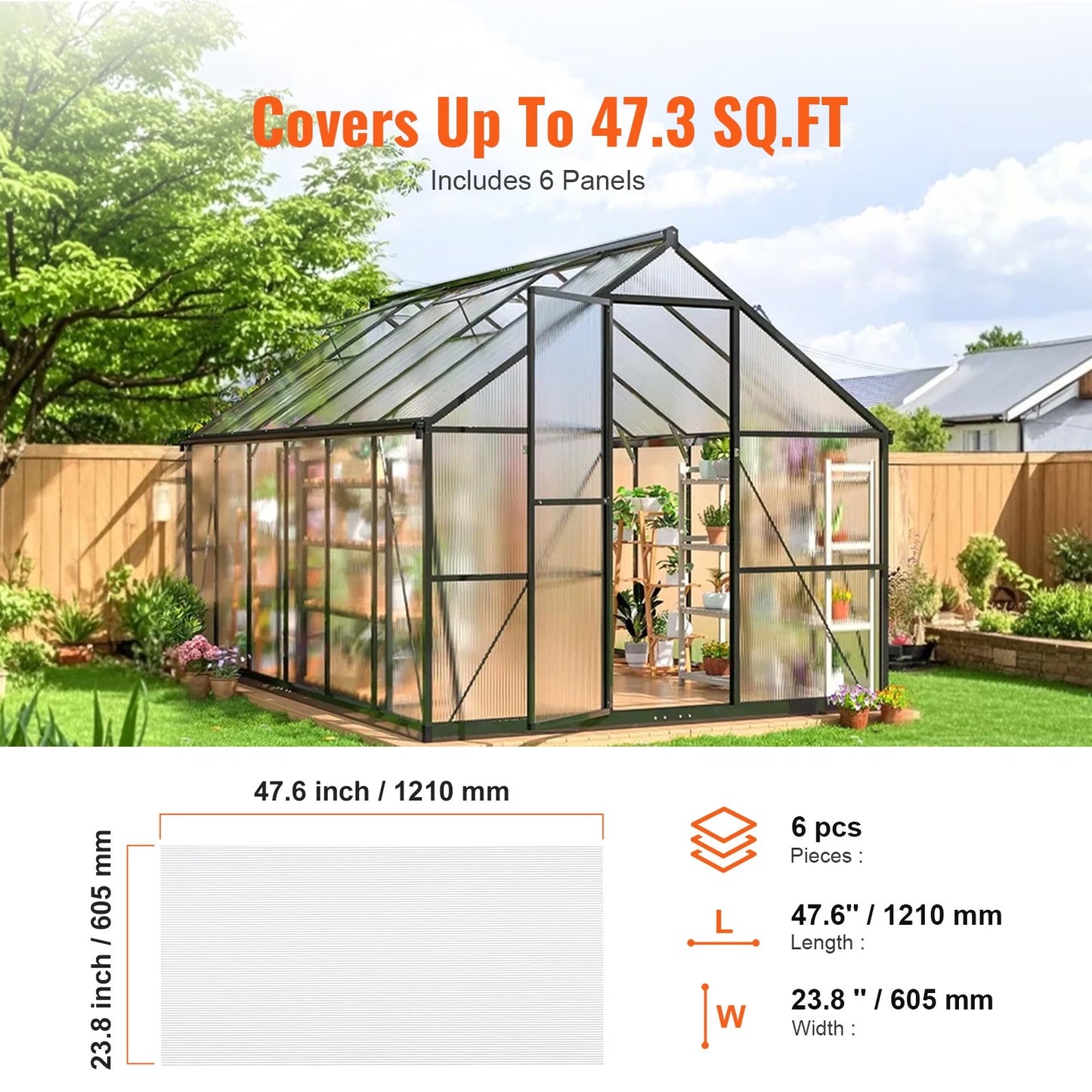 6 Pack Polycarbonate Greenhouse Panels, 3.96' x 1.98' x 0.157" Roof Panels Sheets, Waterproof UV Protected Corrugated Plastic Roofing, Impact Resistant Clear Roofing Sheets for Greenhouse/Garden