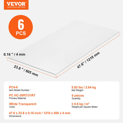 6 Pack Polycarbonate Greenhouse Panels, 3.96' x 1.98' x 0.157" Roof Panels Sheets, Waterproof UV Protected Corrugated Plastic Roofing, Impact Resistant Clear Roofing Sheets for Greenhouse/Garden