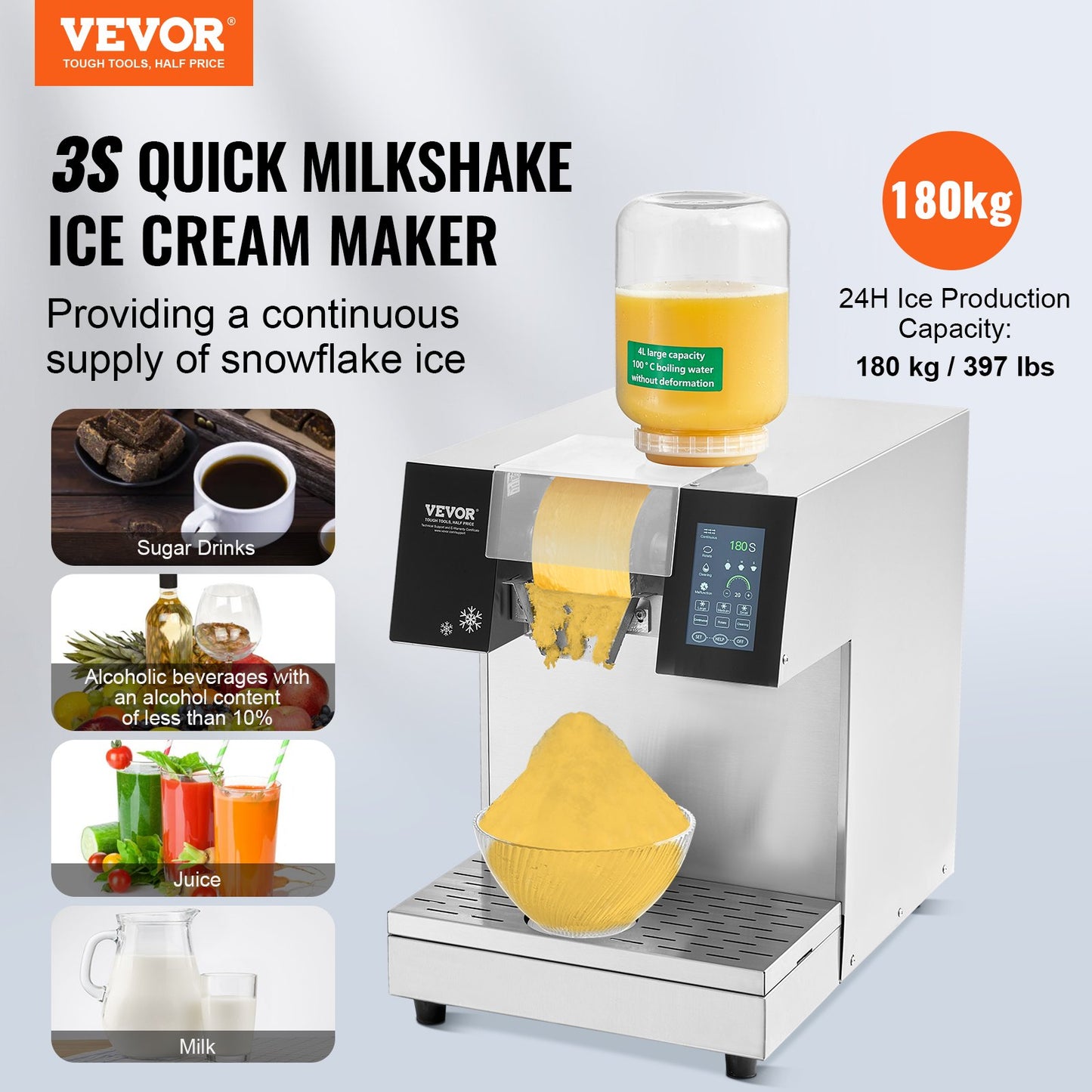 Commercial Snowflake Ice Machine, 397LBS/24H Snowflake Ice Maker, Stainless Steel Ice Shaver Machine, Electric Snow Cone Maker, Liquid Cooling System for Rapid Heat Dissipation, Ice Cream