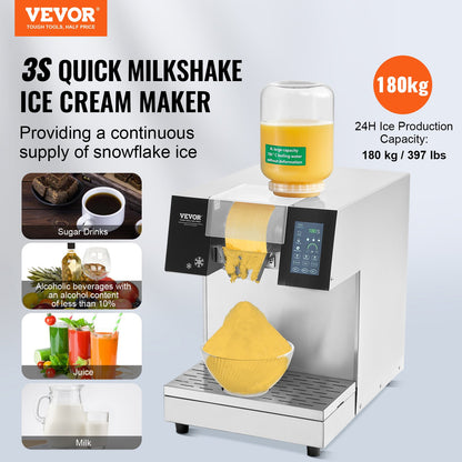Commercial Snowflake Ice Machine, 397LBS/24H Snowflake Ice Maker, Stainless Steel Ice Shaver Machine, Electric Snow Cone Maker, Liquid Cooling System for Rapid Heat Dissipation, Ice Cream