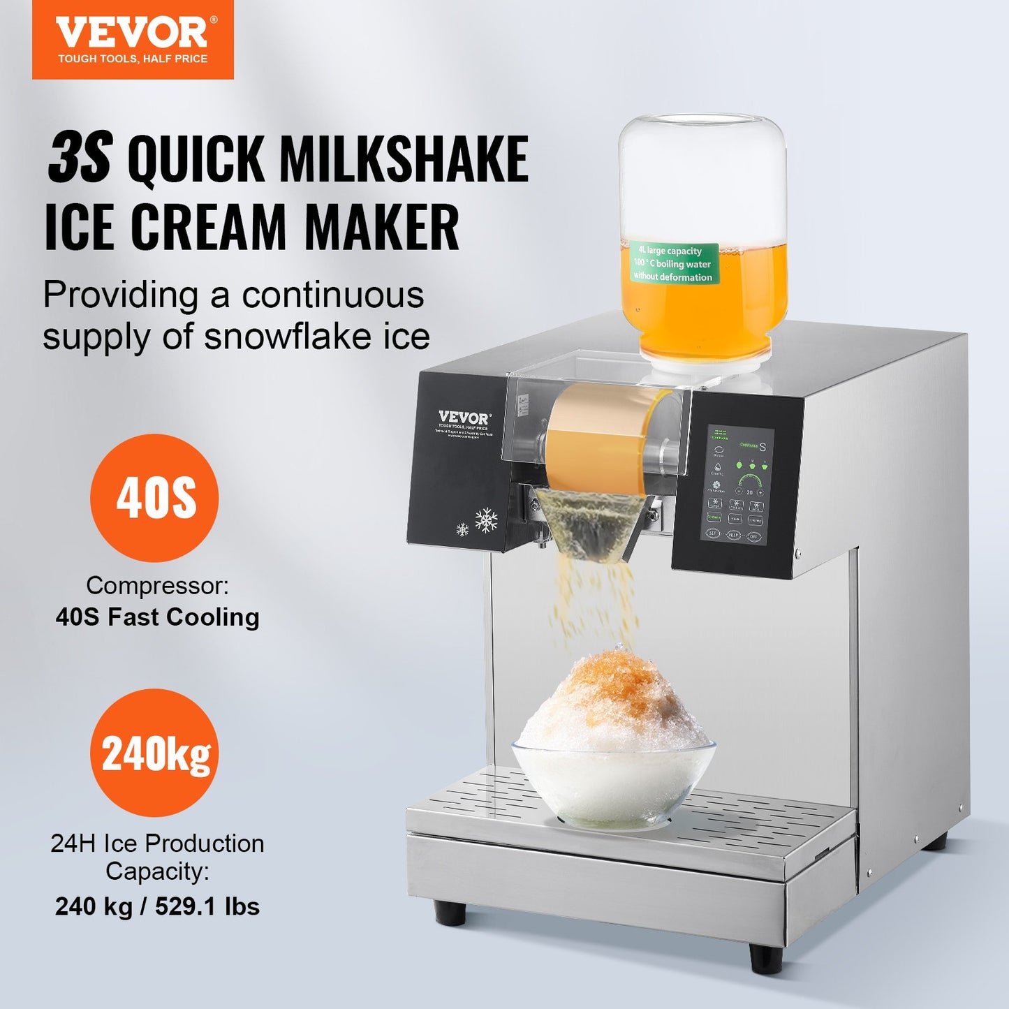 Commercial Snowflake Ice Machine, 529.1LBS/24H Snowflake Ice Maker, Stainless Steel Ice Shaver Machine, Electric Snow Cone Maker, Liquid Cooling System for Rapid Heat Dissipation, Ice Cream