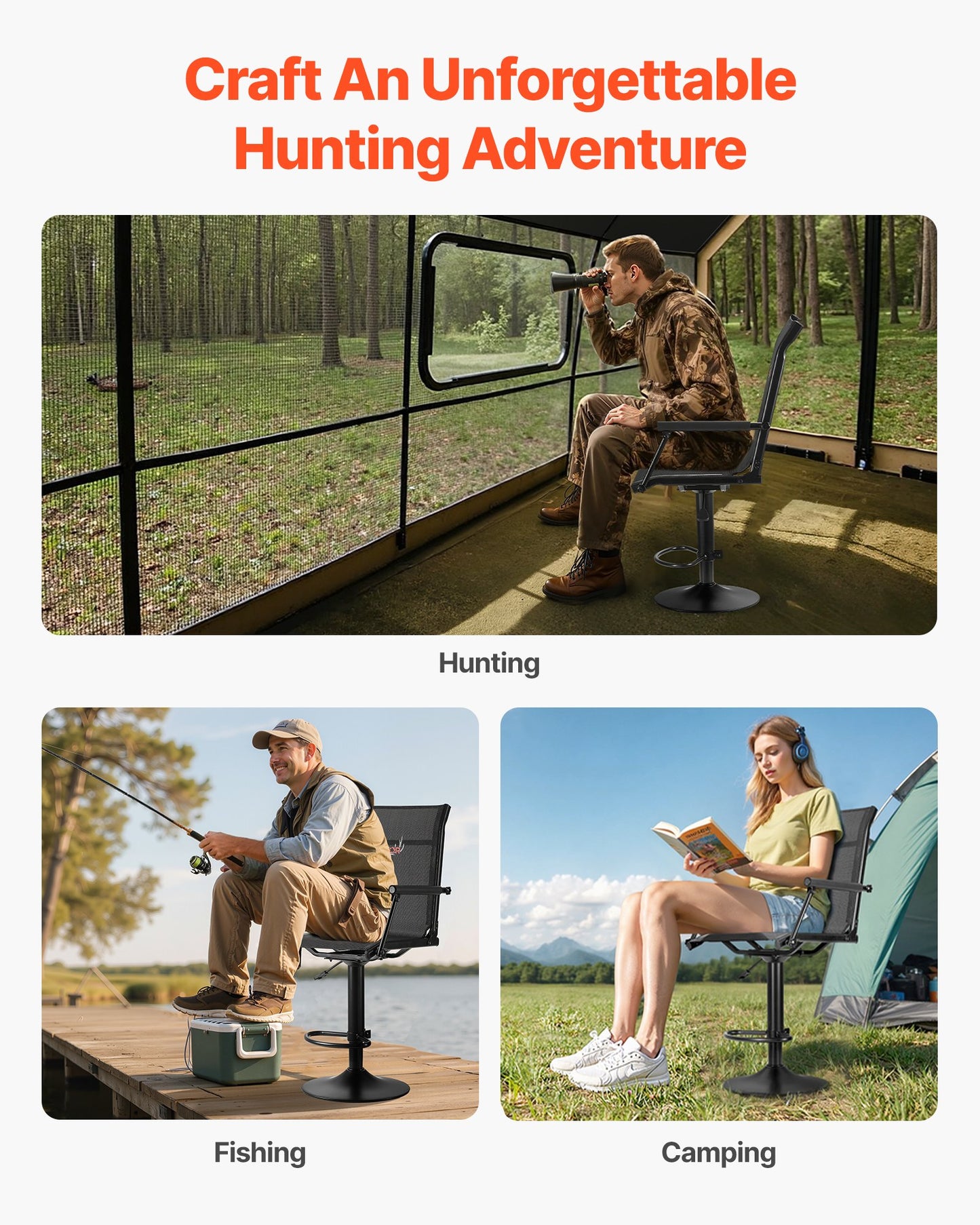 Jaktstol, 360° tyst vridbar, lättviktig blindstol, kraftig stålram, med vadderade armstöd, höjdjusterbar, 136 kg kapacitet, för utomhusfiske, camping