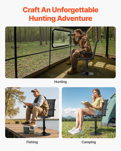 Jaktstol, 360° tyst vridbar, lättviktig blindstol, kraftig stålram, med vadderade armstöd, höjdjusterbar, 136 kg kapacitet, för utomhusfiske, camping