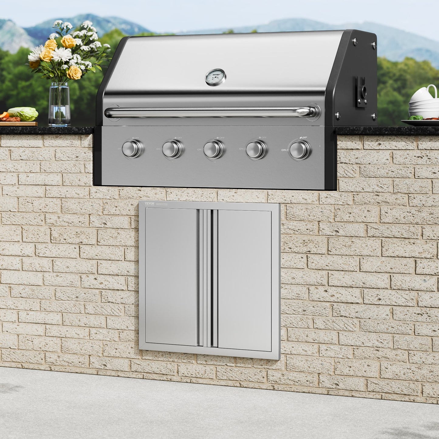 BBQ Access Door, 610x610 mm Double Outdoor Kitchen Door, Stainless Steel Flush Mount Door, Wall Vertical Door with Recessed Handles , for BBQ Island, Grilling Station, Outside Cabinet