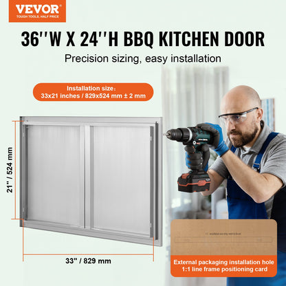 BBQ Access Door, 914x610 mm Double Outdoor Kitchen Door, Stainless Steel Flush Mount Door, Wall Vertical Door with Recessed Handles , for BBQ Island, Grilling Station, Outside Cabinet