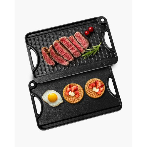 Reversible Grill/Griddle, 14x8.5 inch Pre-Seasoned Cast Iron Griddle, Portable Rectangular Pan with Handle, Family Cookware for Indoor/Outdoor Stove Top Burner, Gas, Camping BBQ, Black