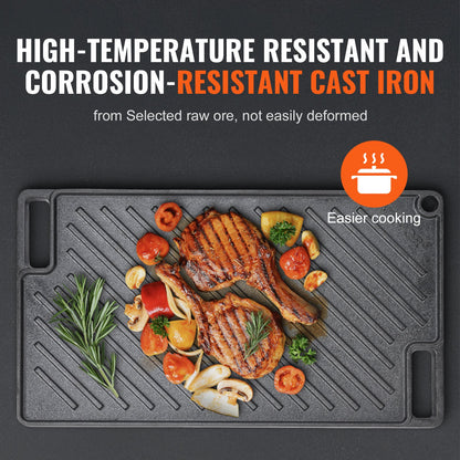 Reversible Grill/Griddle, 9.7"x16.7" Pre-Seasoned Cast Iron Griddle, Rectangular Double Burner Griddle Pan, Non-Stick Family Pan Cookware with Handles, Flat Top Plate for BBQ, Gas Grill, Black