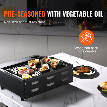 Reversible Grill/Griddle, 9.7"x16.7" Pre-Seasoned Cast Iron Griddle, Rectangular Double Burner Griddle Pan, Non-Stick Family Pan Cookware with Handles, Flat Top Plate for BBQ, Gas Grill, Black