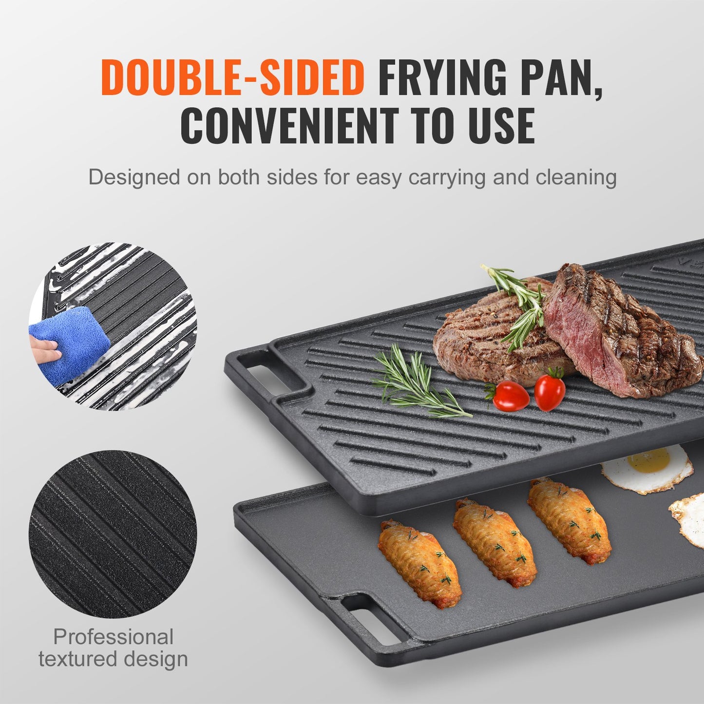 Reversible Grill/Griddle, 9.7"x16.7" Pre-Seasoned Cast Iron Griddle, Rectangular Double Burner Griddle Pan, Non-Stick Family Pan Cookware with Handles, Flat Top Plate for BBQ, Gas Grill, Black