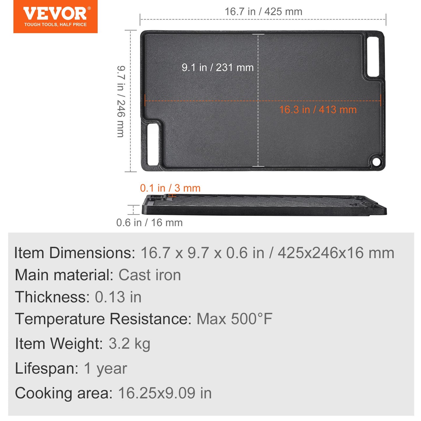 Reversible Grill/Griddle, 9.7"x16.7" Pre-Seasoned Cast Iron Griddle, Rectangular Double Burner Griddle Pan, Non-Stick Family Pan Cookware with Handles, Flat Top Plate for BBQ, Gas Grill, Black