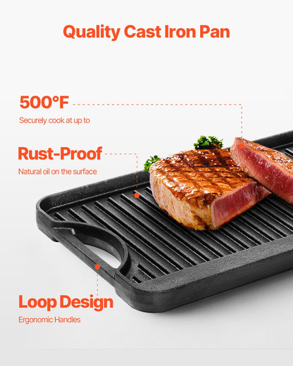 Vändbar grill/stekpanna, 20x10 tums förkryddat gjutjärnsstekpanna, bärbar rektangulär panna med handtag, familjeköksredskap för inomhus-/utomhusspis, gas, campinggrill, svart