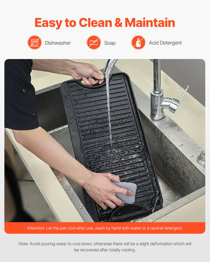 Vändbar grill/stekpanna, 20x10 tums förkryddat gjutjärnsstekpanna, bärbar rektangulär panna med handtag, familjeköksredskap för inomhus-/utomhusspis, gas, campinggrill, svart