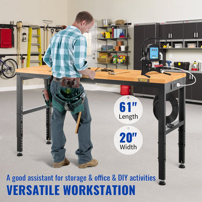 Adjustable Height Workbench 154.9 cm L x 50.8 cm W Work Bench Table with Power Outlet