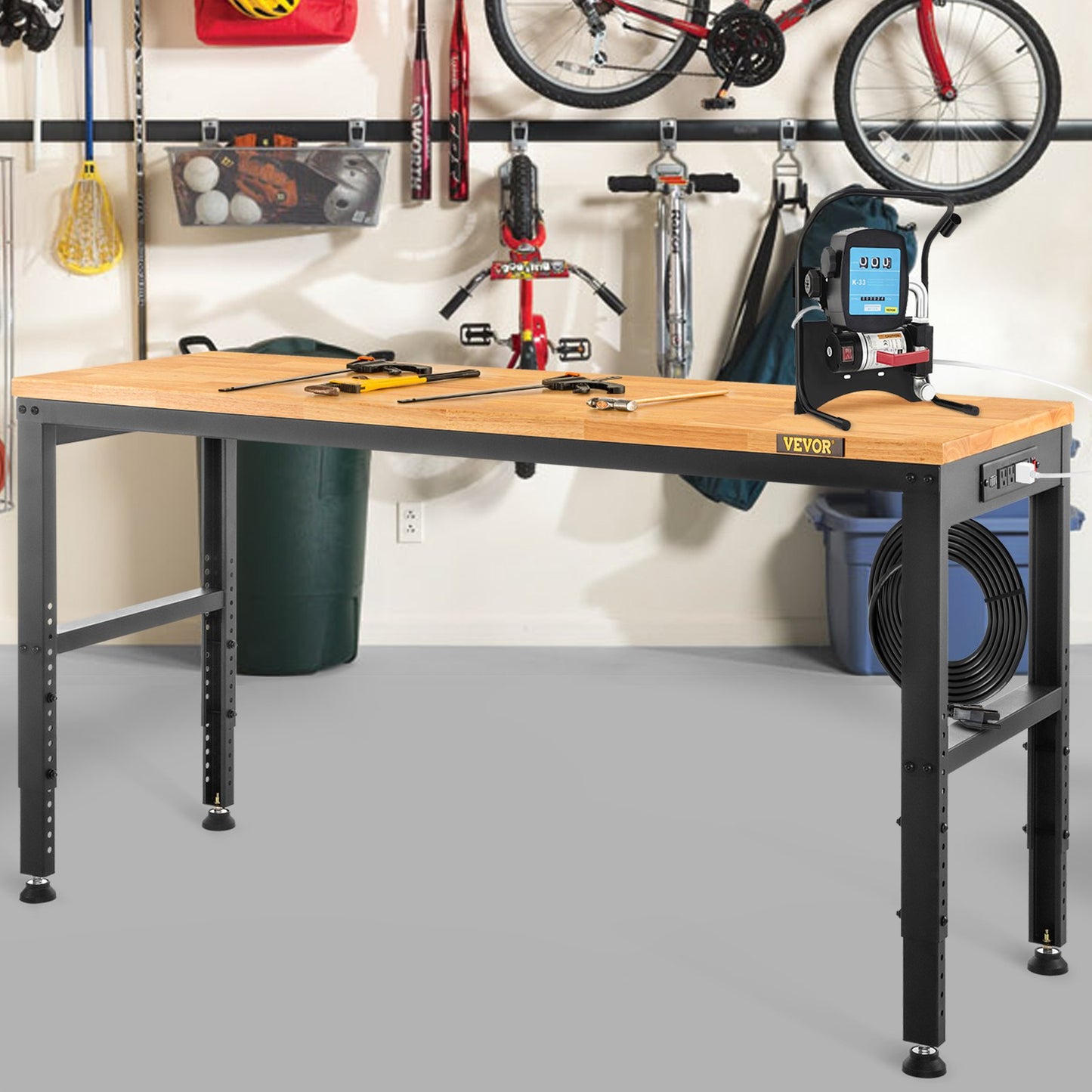 Adjustable Height Workbench 154.9 cm L x 50.8 cm W Work Bench Table with Power Outlet