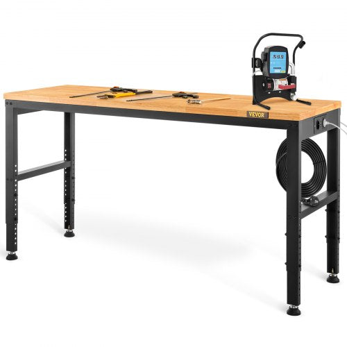 Workbench Adjustable Height, 135cm W X 46cm D X 97cm H Garage Table w/ 72 – 97 cm Heights & 900KG Load Capacity, with Power Outlets & Hardwood Top & Metal Frame & Foot Pads, for Office Home