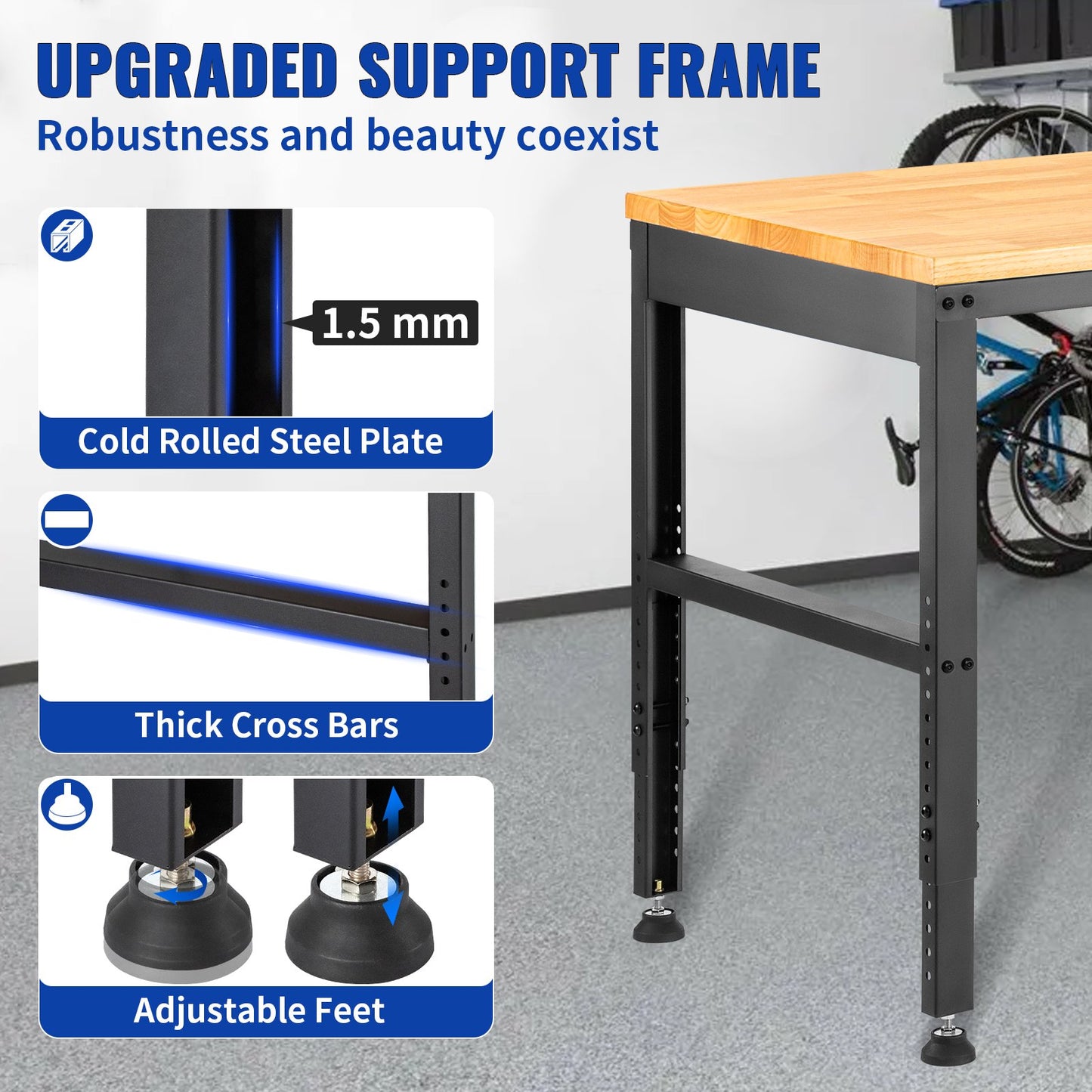Workbench Adjustable Height, 135cm W X 46cm D X 97cm H Garage Table w/ 72 – 97 cm Heights & 900KG Load Capacity, with Power Outlets & Hardwood Top & Metal Frame & Foot Pads, for Office Home