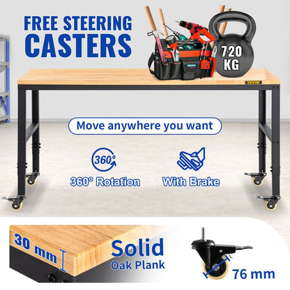 Workbench Adjustable Height, 155 x 51 cm Garage Table with 80 – 105 cm Heights & 720KG Capacity, with Power Outlets & Hardwood Top & Metal Frame & Swivel Casters, for Office Home Workshop