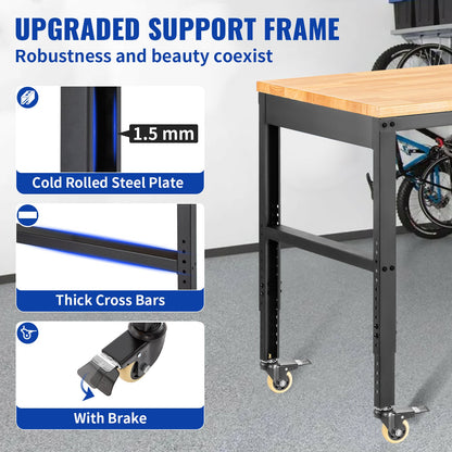 Workbench Adjustable Height, 155 x 51 cm Garage Table with 80 – 105 cm Heights & 720KG Capacity, with Power Outlets & Hardwood Top & Metal Frame & Swivel Casters, for Office Home Workshop