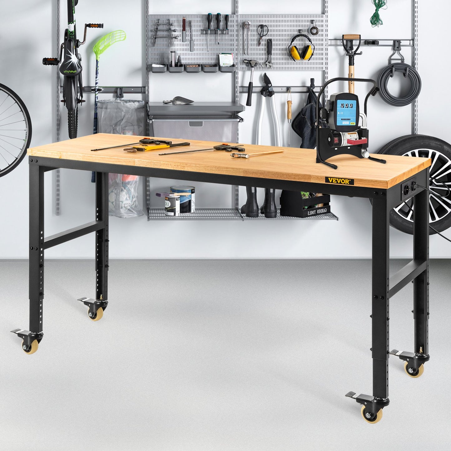 Workbench Adjustable Height, 155 x 51 cm Garage Table with 80 – 105 cm Heights & 720KG Capacity, with Power Outlets & Hardwood Top & Metal Frame & Swivel Casters, for Office Home Workshop