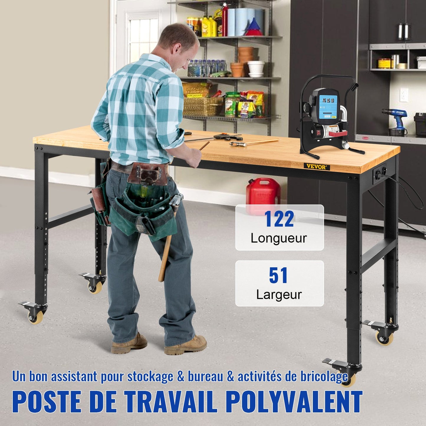 Workbench Adjustable Height, 122cm W X 51cm D X 104cm H Garage Table w/ 79 – 104 cm Heights & 720KG Capacity, with Power Outlets & Hardwood Top & Metal Frame & Swivel Casters, for Office Home