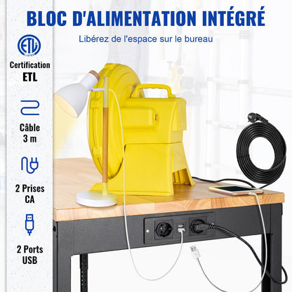 Workbench Adjustable Height, 122cm W X 51cm D X 104cm H Garage Table w/ 79 – 104 cm Heights & 720KG Capacity, with Power Outlets & Hardwood Top & Metal Frame & Swivel Casters, for Office Home