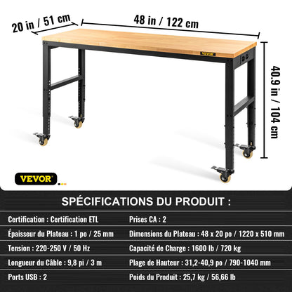 Workbench Adjustable Height, 122cm W X 51cm D X 104cm H Garage Table w/ 79 – 104 cm Heights & 720KG Capacity, with Power Outlets & Hardwood Top & Metal Frame & Swivel Casters, for Office Home