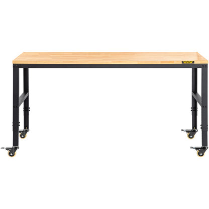 Workbench Adjustable Height, 122cm W X 51cm D X 104cm H Garage Table w/ 79 – 104 cm Heights & 720KG Capacity, with Power Outlets & Hardwood Top & Metal Frame & Swivel Casters, for Office Home