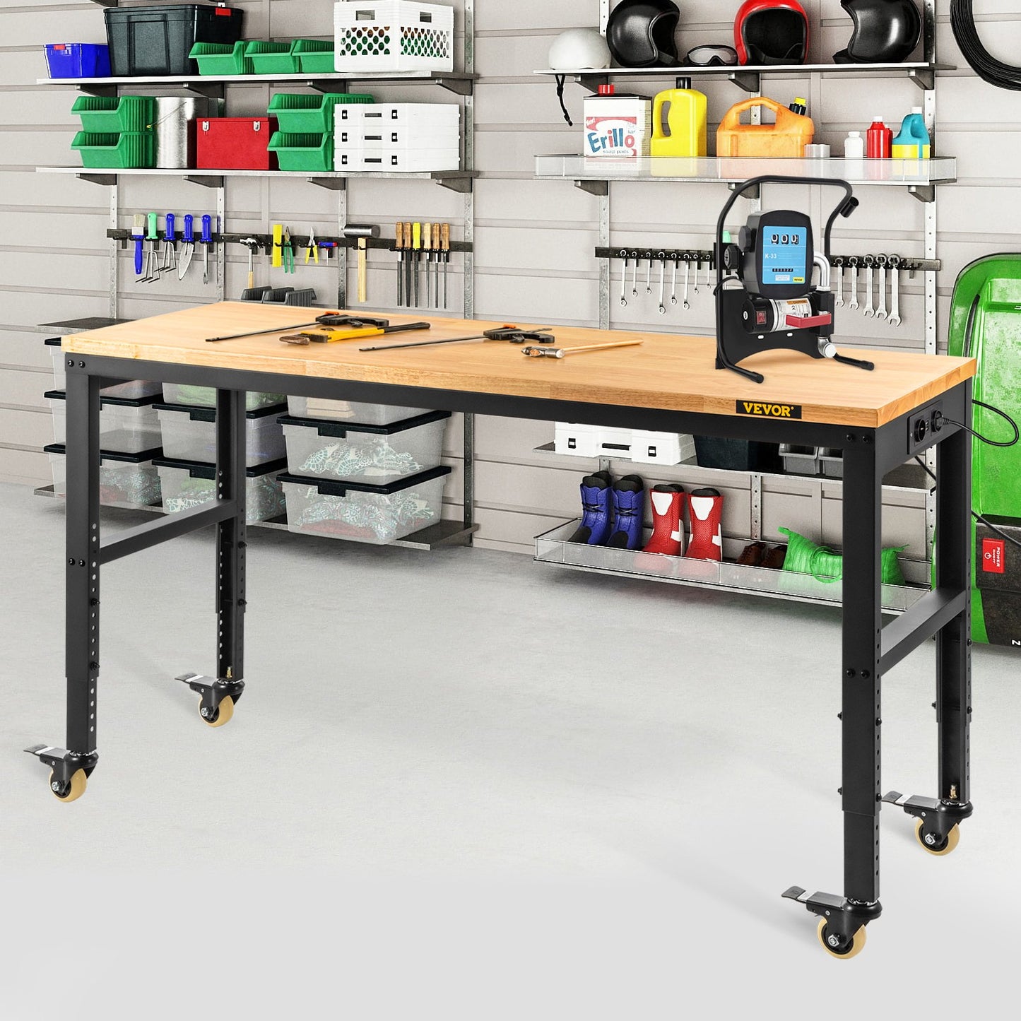 Workbench Adjustable Height, 122cm W X 61cm D X 104cm H Garage Table with 79 – 104 cm Heights & 720KG Capacity, with Power Outlets & Hardwood Top & Metal Frame & Swivel Casters, for Office Home