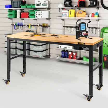 Workbench Adjustable Height, 122cm W X 61cm D X 104cm H Garage Table with 79 – 104 cm Heights & 720KG Capacity, with Power Outlets & Hardwood Top & Metal Frame & Swivel Casters, for Office Home