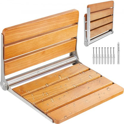 Folding Oak Shower Seat 16.1"/40.9 cm x 13.4"/34 cm Wall Mounted Shower Bench 440 lbs/199.6 kg