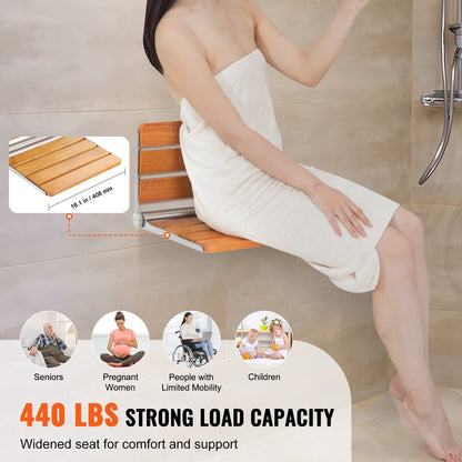 Folding Oak Shower Seat 16.1"/40.9 cm x 13.4"/34 cm Wall Mounted Shower Bench 440 lbs/199.6 kg