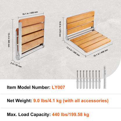 Folding Oak Shower Seat 16.1"/40.9 cm x 13.4"/34 cm Wall Mounted Shower Bench 440 lbs/199.6 kg