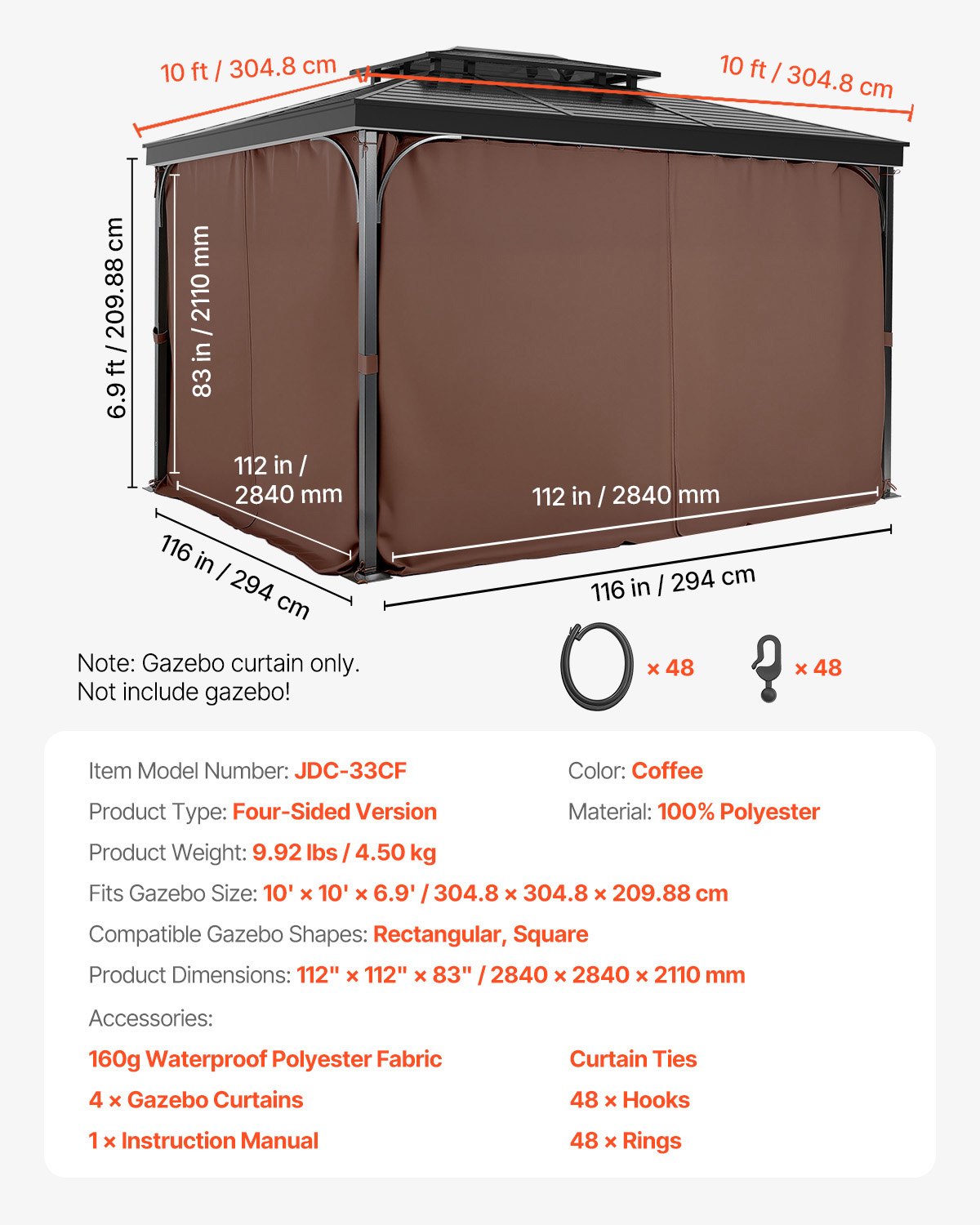 Gazebo Curtains Outdoor, Fit Most 10' x 10' x 6.9' Gazebos, 4-Panel Sidewall Gazebo Privacy Curtains with Zippers, Outdoor Curtain Replacement for Patio Canopy, Only Curtain, Coffee