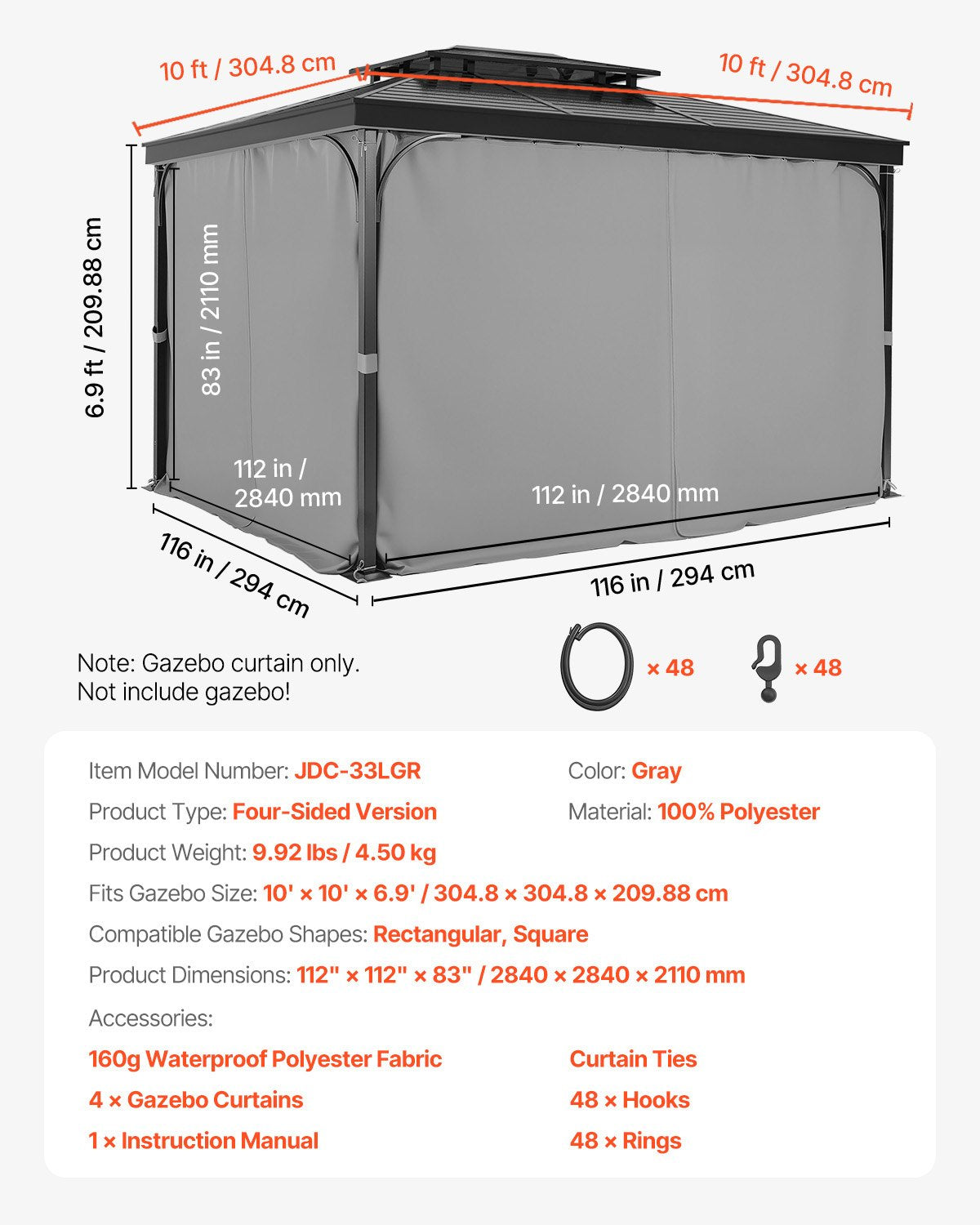 Paviljonggardiner för utomhusbruk, passar de flesta 10' x 10' x 6,9' paviljonger, 4-panelers sidoväggiga gardiner för paviljonger med dragkedjor, ersättning för utomhusgardin för uteplatstak, endast gardin, grå