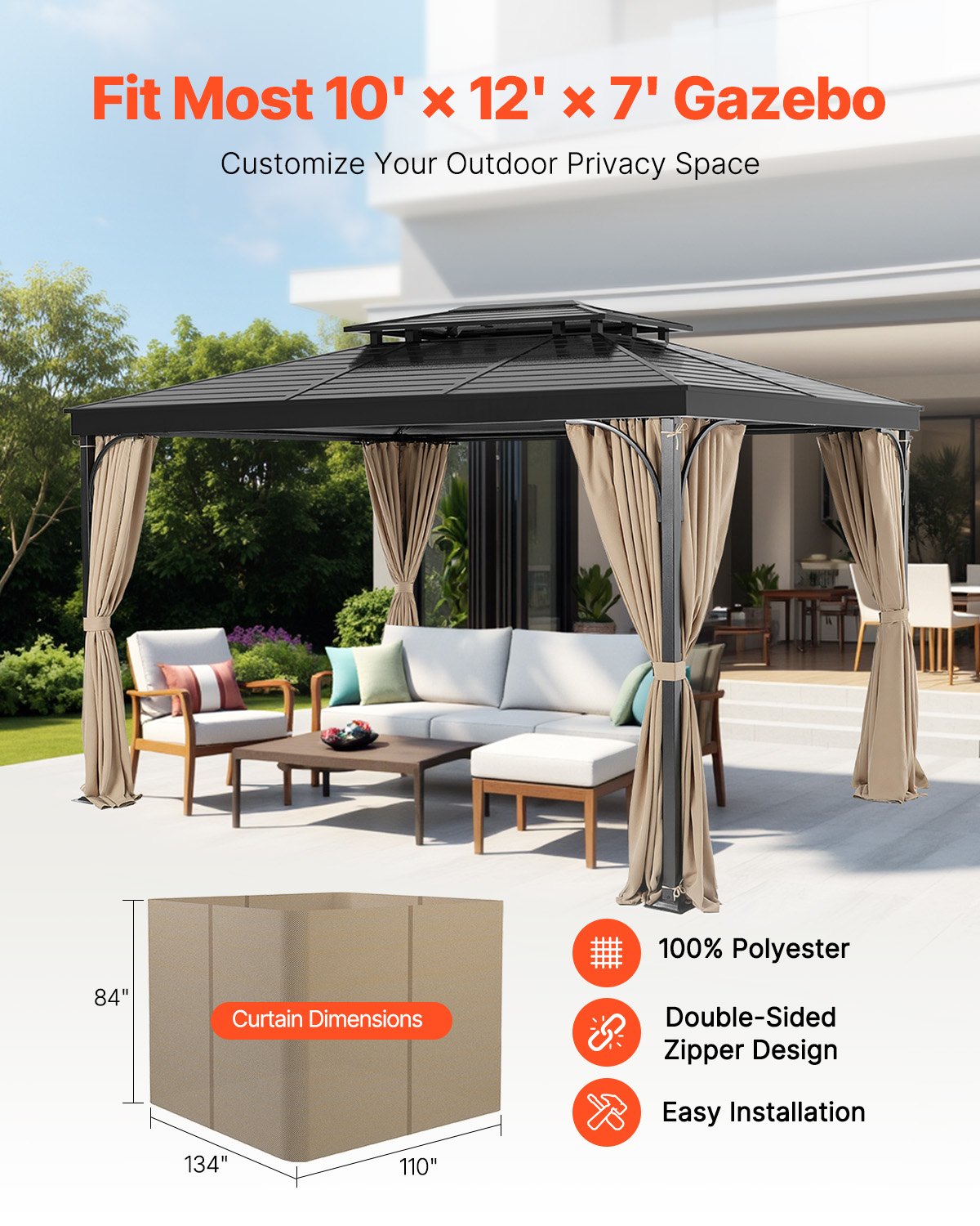 Gazebo Curtains Outdoor, 12' x 10' x 7' Gazebos, 4-Panel Sidewall Gazebo Privacy Curtains with Zippers, Outdoor Curtain Replacement for Patio Canopy, Only Curtain, Khaki