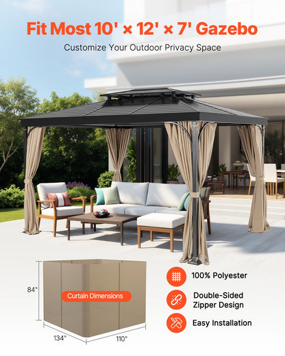 Gazebo Curtains Outdoor, 12' x 10' x 7' Gazebos, 4-Panel Sidewall Gazebo Privacy Curtains with Zippers, Outdoor Curtain Replacement for Patio Canopy, Only Curtain, Khaki