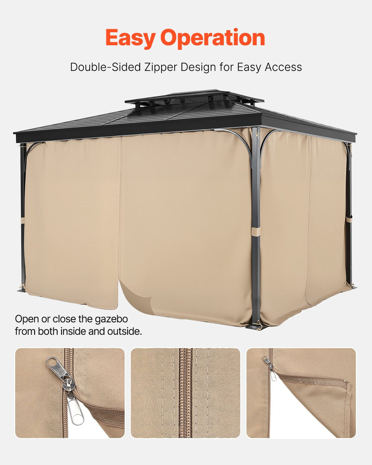 Gazebo Curtains Outdoor, 12' x 10' x 7' Gazebos, 4-Panel Sidewall Gazebo Privacy Curtains with Zippers, Outdoor Curtain Replacement for Patio Canopy, Only Curtain, Khaki