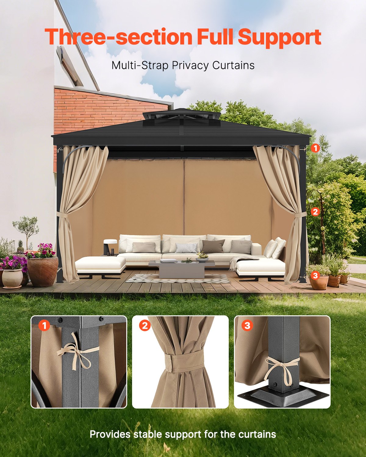 Gazebo Curtains Outdoor, 12' x 10' x 7' Gazebos, 4-Panel Sidewall Gazebo Privacy Curtains with Zippers, Outdoor Curtain Replacement for Patio Canopy, Only Curtain, Khaki