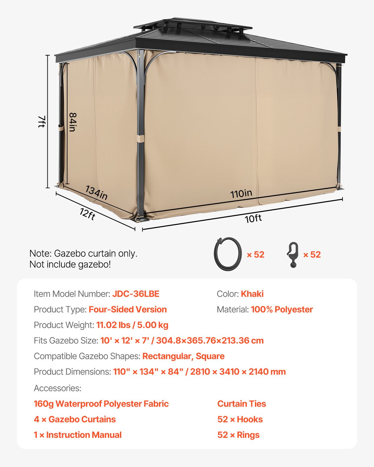 Gazebo Curtains Outdoor, 12' x 10' x 7' Gazebos, 4-Panel Sidewall Gazebo Privacy Curtains with Zippers, Outdoor Curtain Replacement for Patio Canopy, Only Curtain, Khaki